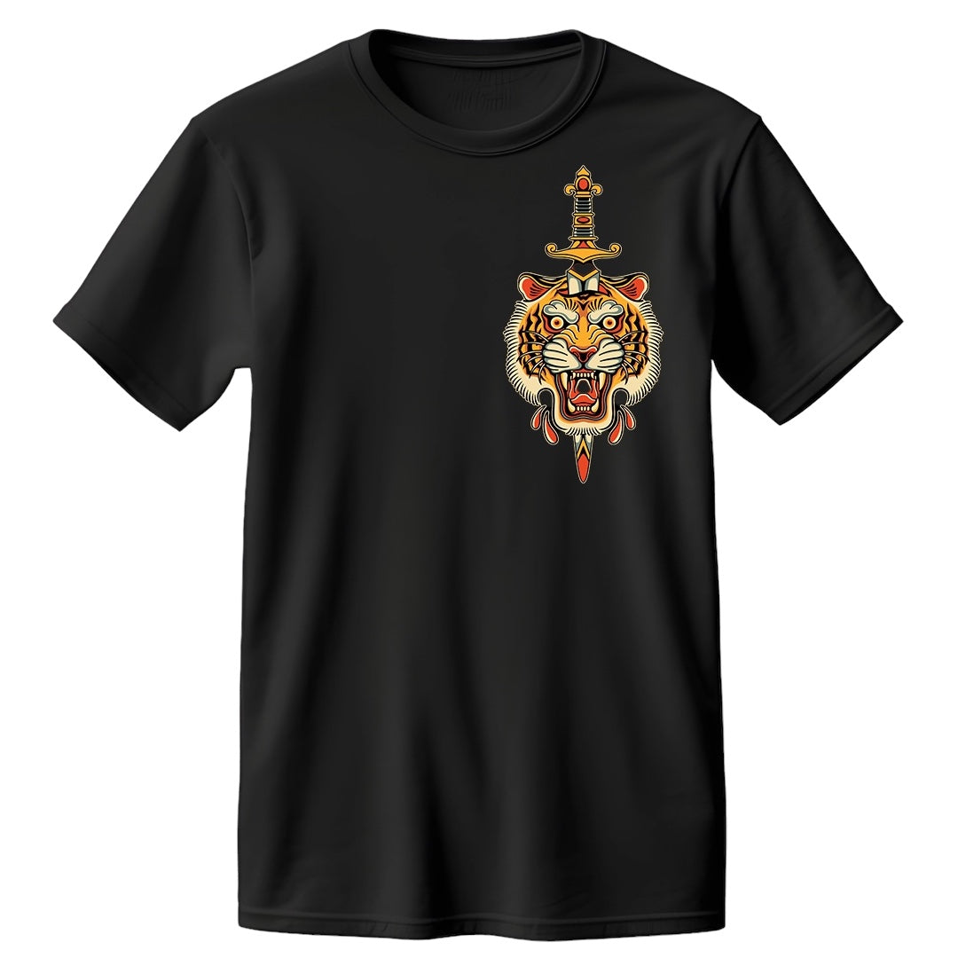 Front of Queens Heads Warrior tattoo graphic tee, American traditional design in black.