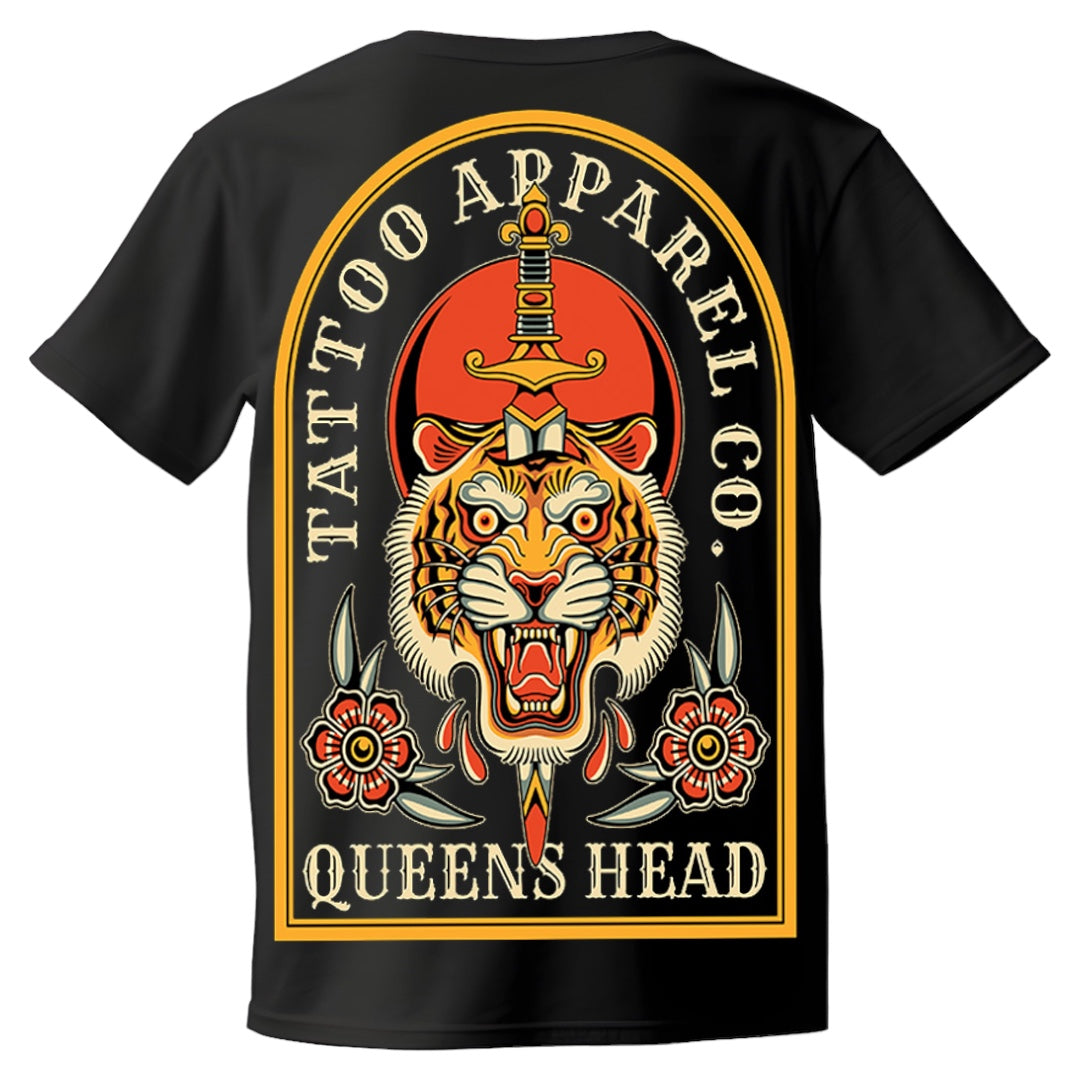 Back of Queens Heads Tiger tattoo graphic tee, American traditional design in black.