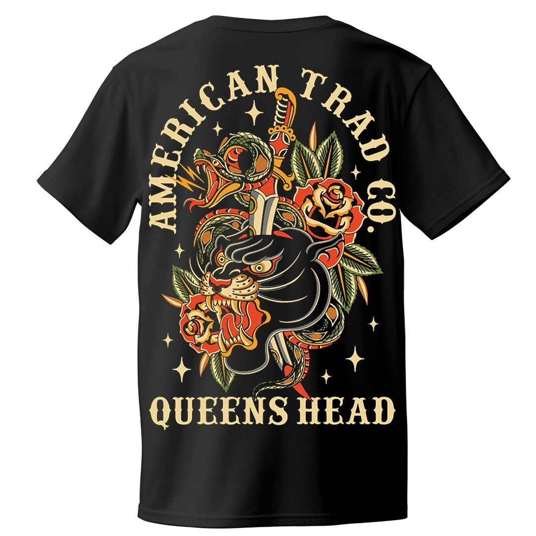 Back of Queens Heads First Bite tattoo graphic tee, American traditional design in black.