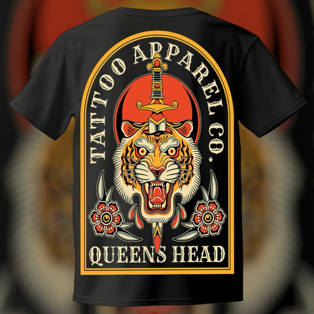 Back of Queens Heads Tiger tattoo graphic tee, American traditional design in black.