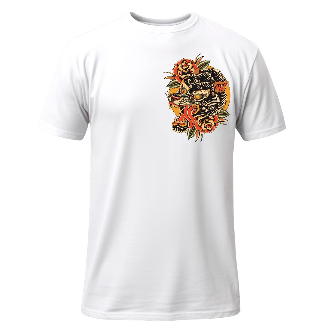 Front of Queens Heads Warrior tattoo graphic tee, American traditional design in white.