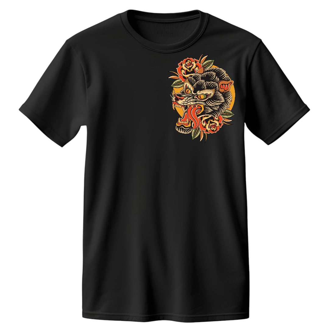 Front of Queens Heads Wolf tattoo graphic tee, American traditional design in black.