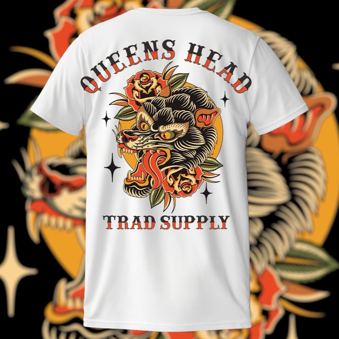 Back of Queens Heads Wolf tattoo graphic tee, American traditional design in white.