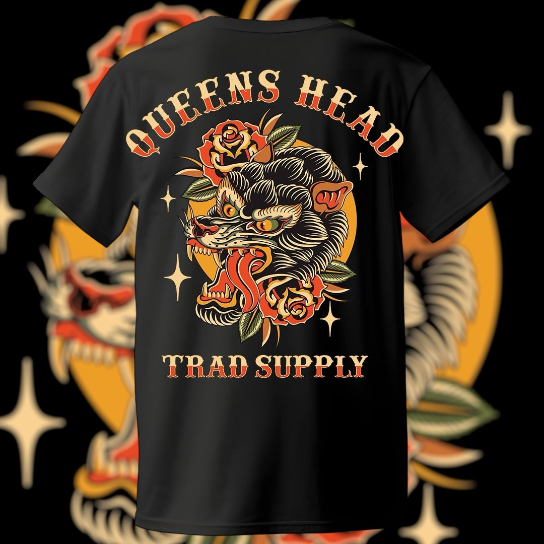 Black crew neck t-shirt with a graphic of a wolf surrounded by roses and the text 'QUEENS HEAD TRAD SUPPLY'.