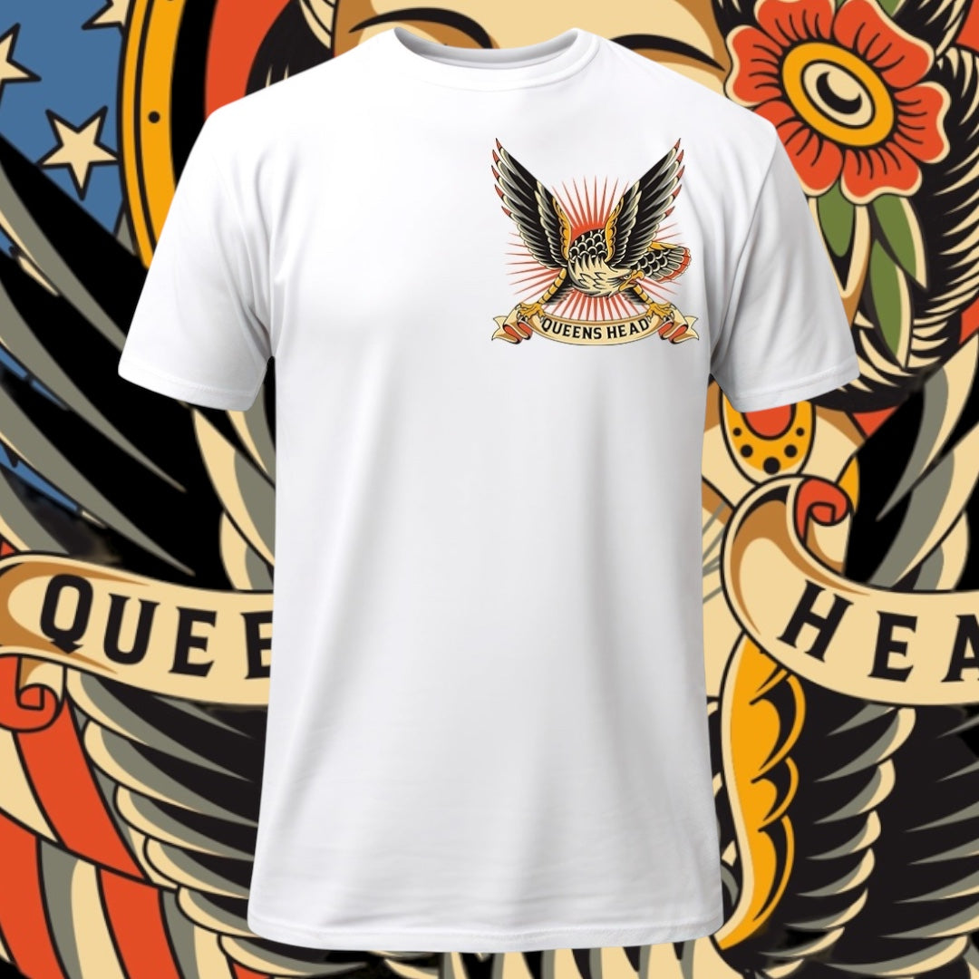 Front of Queens Heads Lady liberty tattoo graphic tee, American traditional design in white.