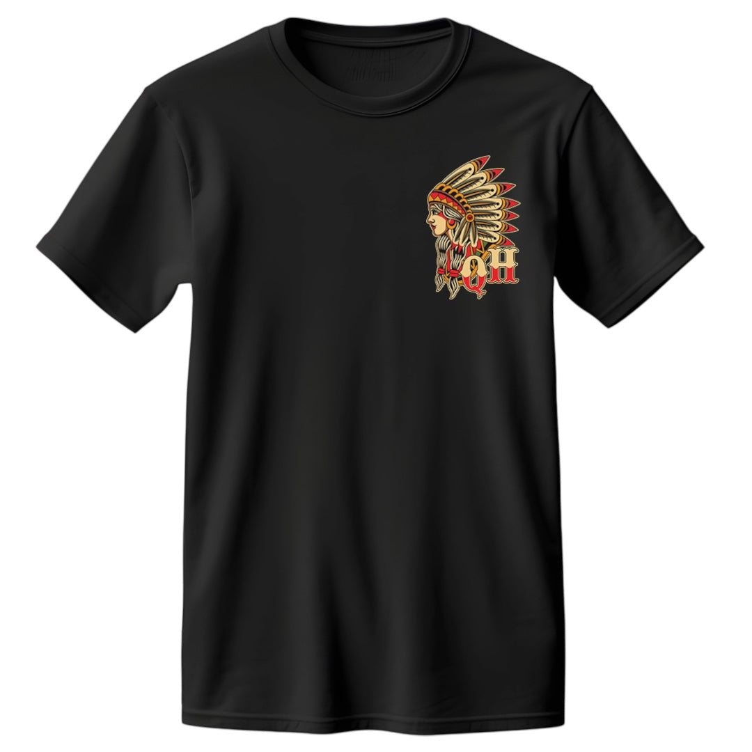 Front of Queens Heads Warrior tattoo graphic tee, American traditional design in black.