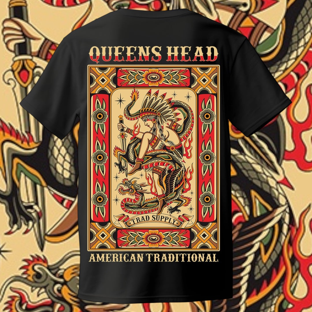 Back of Queens Heads Warrior tattoo graphic tee, American traditional design in black.