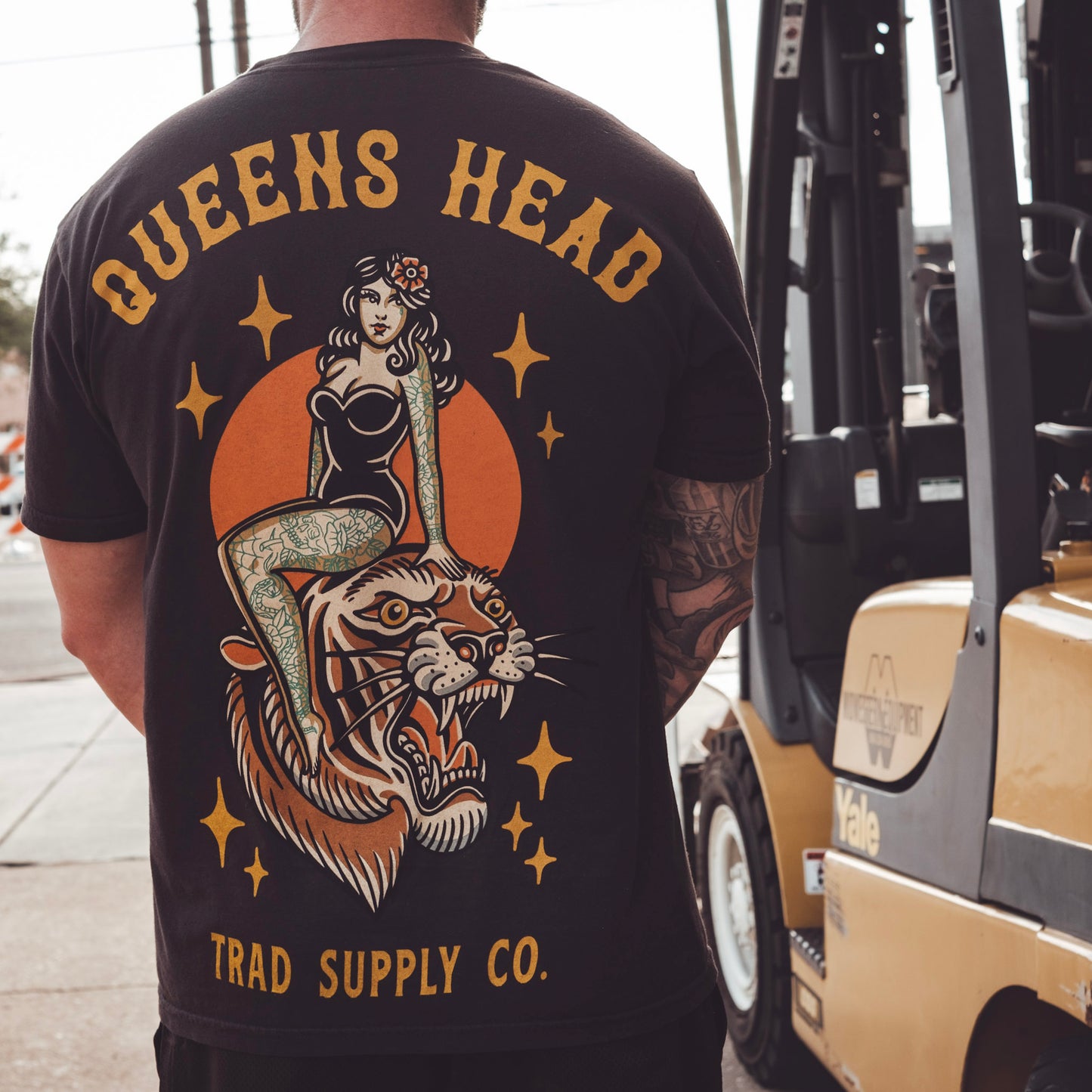 Back of Queens Heads Painted lady tattoo graphic tee, American traditional design in black.