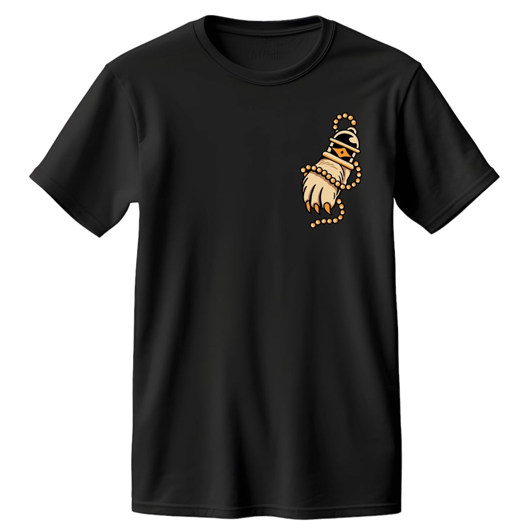 Front of Queens Heads Out of Luck rabbit tattoo graphic tee, American traditional design in black.