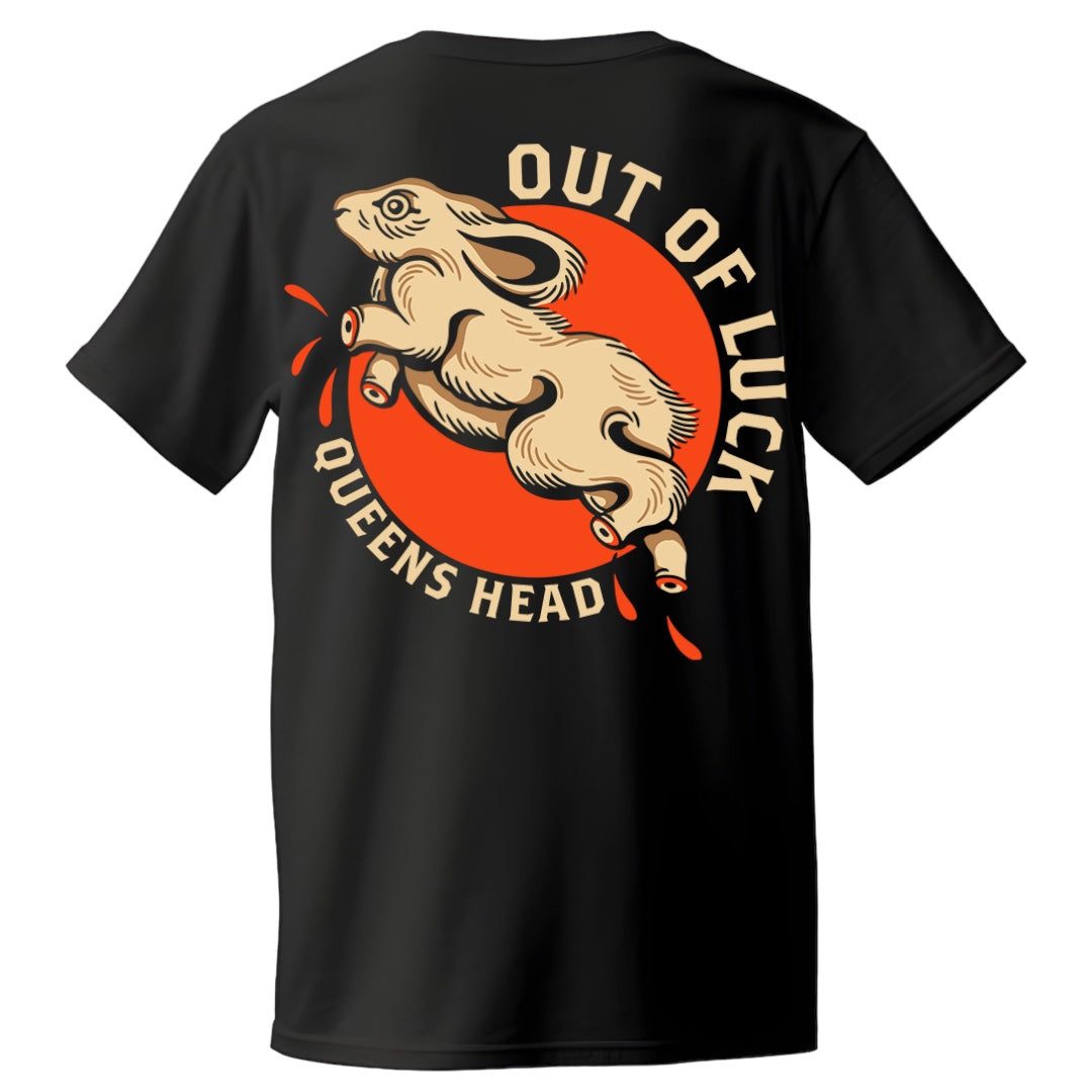 Back of Queens Heads Out of Luck tattoo graphic tee, American traditional design in black.