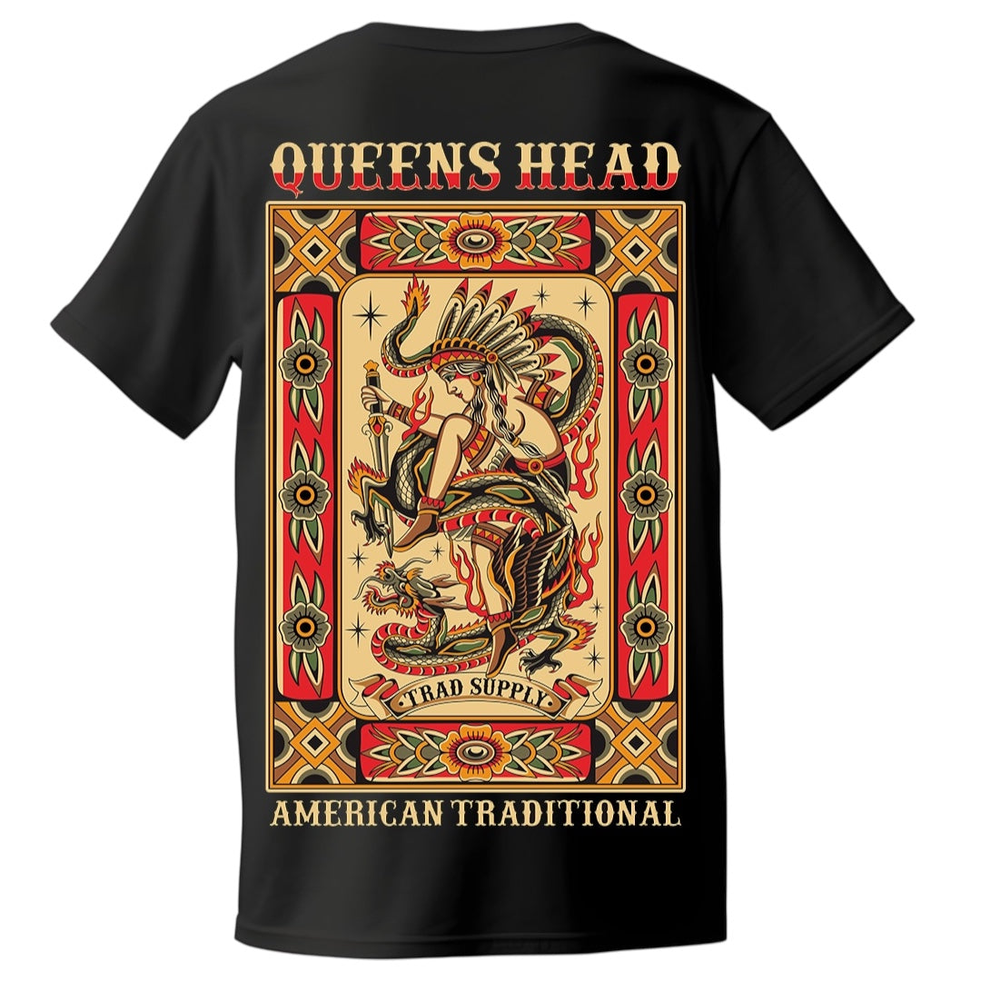 Back of Queens Heads Warrior tattoo graphic tee, American traditional design in black.